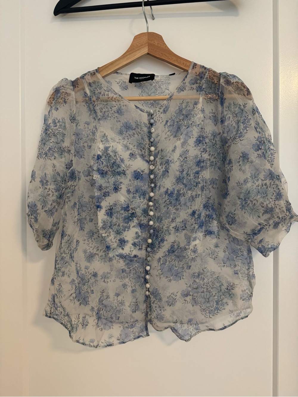 The Kooples Blue Floral Sheer Pearl-Button Blouse
